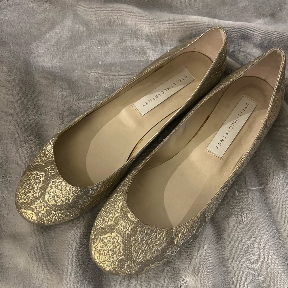 Stella McCartney Metallic Gold Brocade Round-Toe Flats - Made in Spain